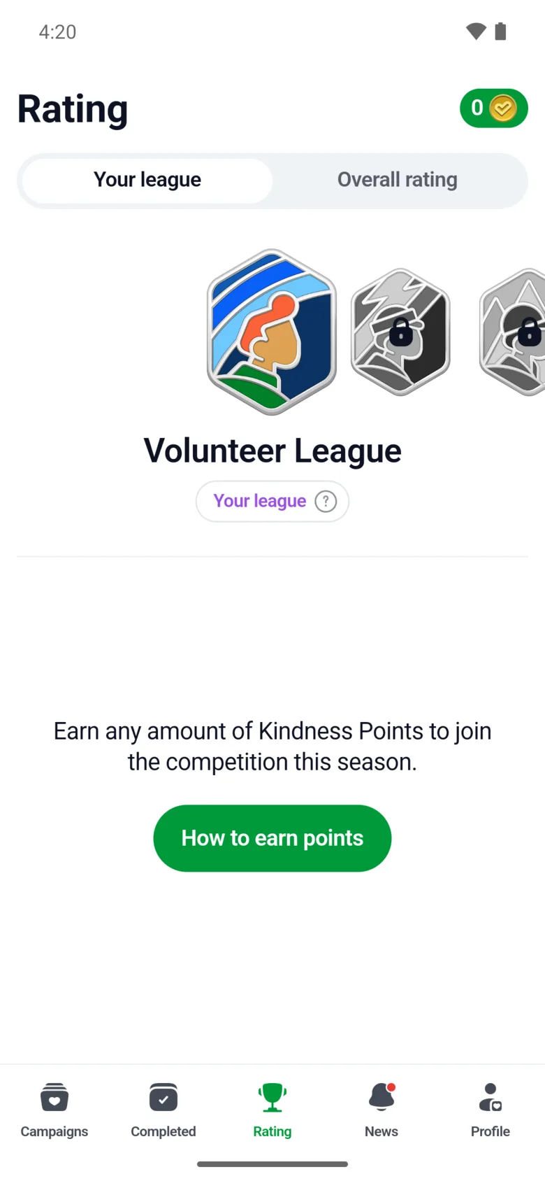 Kindness rating and leagues in the Tooba app