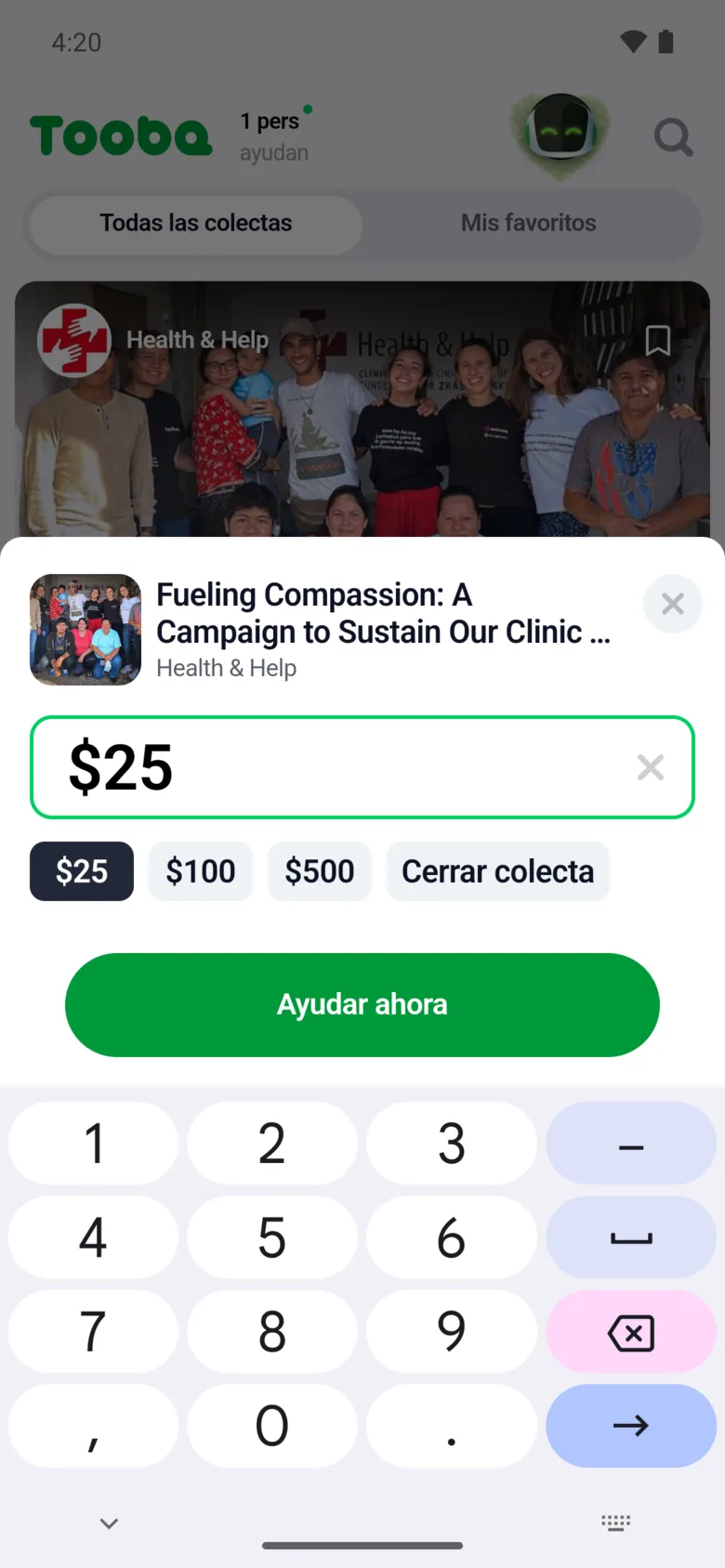 Elegir el importe de la donación en la app Tooba