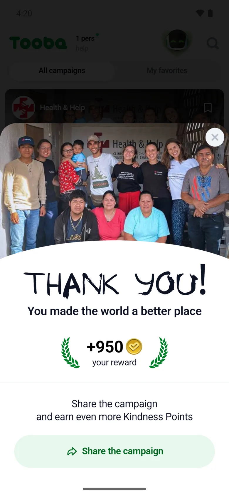 Thank-you screen after a donation in the Tooba app