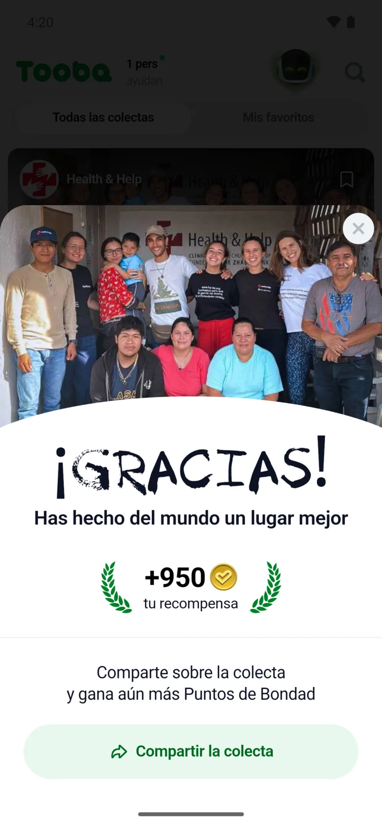 Pantalla de agradecimiento tras donar en la app Tooba